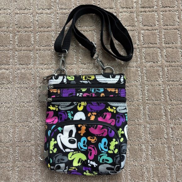 Disney Parks Mickey Mouse Crossbody Bag Purse Black Colorful Pockets Card Holder - Picture 1 of 9